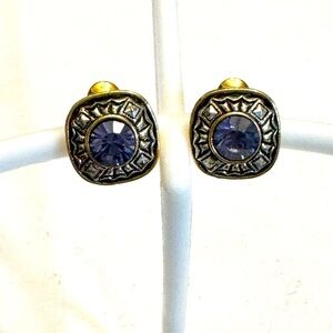Lovely Silver and Gold Tone Purple Crystal Square Clip-On Earrings